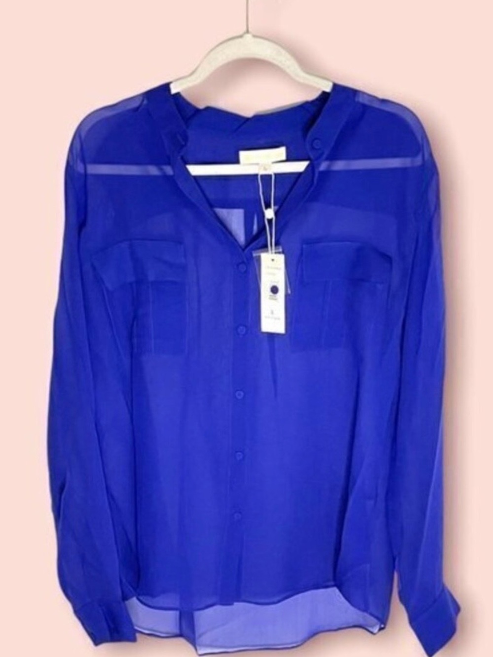 100% Silk Royal Blue Sheer Blouse size Large NWOT